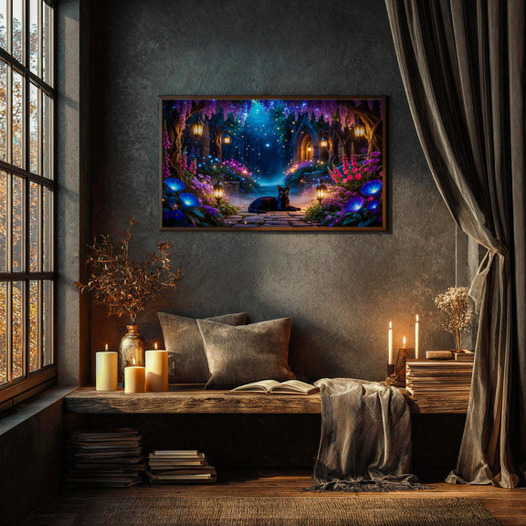 Enchanted Garden Black Cat Art | Fantasy Moonlit Sanctuary TV Display (4K Digital Download)