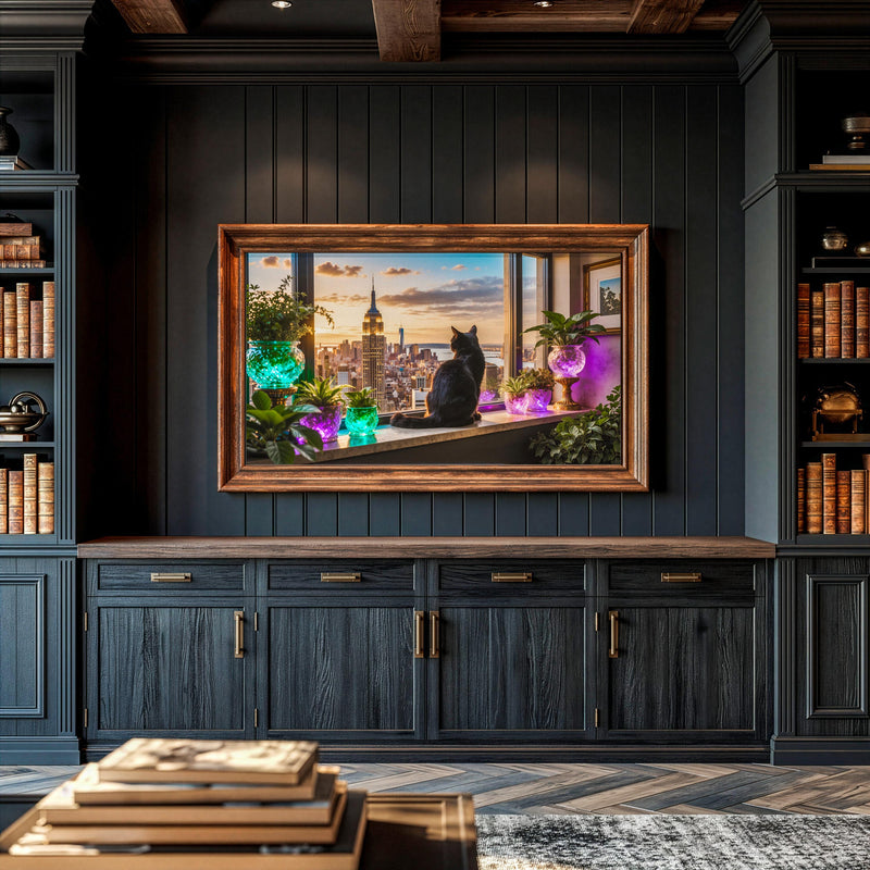 Black Cat Manhattan Skyline Art | Luxury City View Frame TV Art (4K Digital Download)