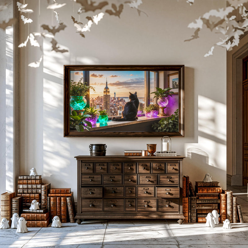 Black Cat Manhattan Skyline Art | Luxury City View Frame TV Art (4K Digital Download)