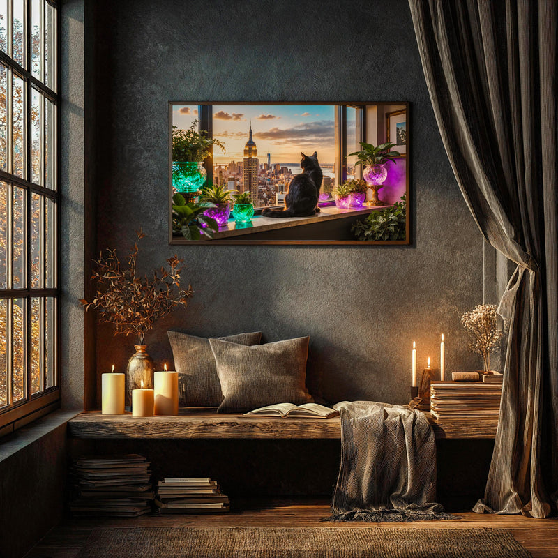 Black Cat Manhattan Skyline Art | Luxury City View Frame TV Art (4K Digital Download)