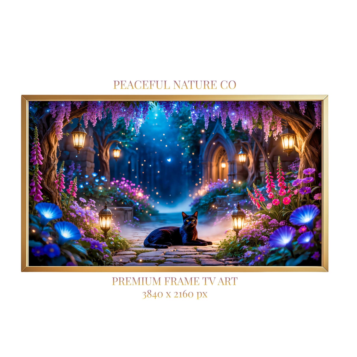 Enchanted Garden Black Cat Art | Fantasy Moonlit Sanctuary TV Display (4K Digital Download)