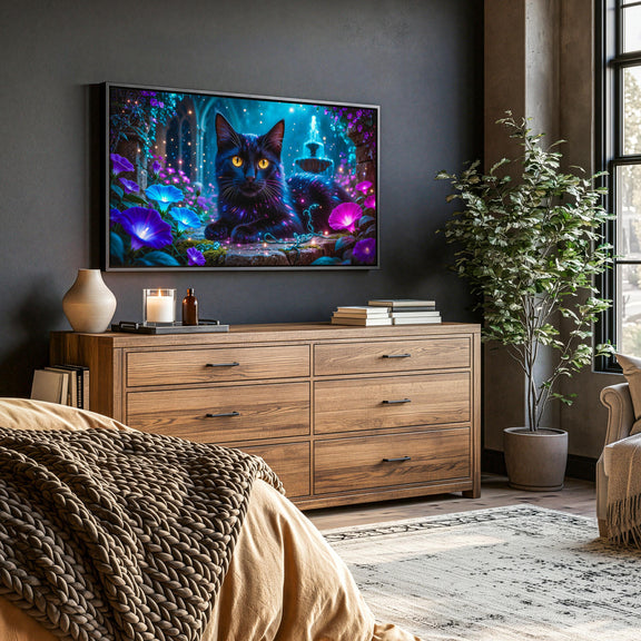 Enchanted Garden Black Cat Art | Fantasy 4K TV Display (Digital Download)