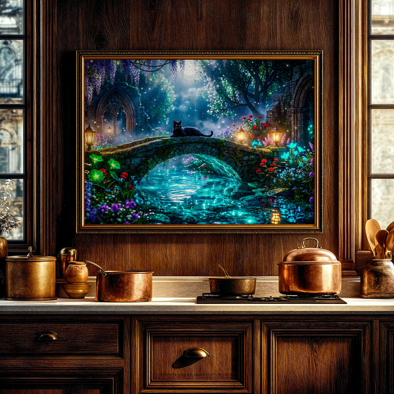 Black Cat Enchanted Bridge TV Art | Moonlit Fantasy Garden | 4K Frame TV Download