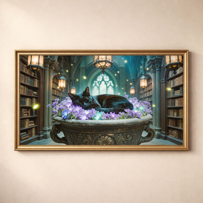 Sleeping Black Cat Library Art | Dark Academia Gothic Decor (4K Digital Download)