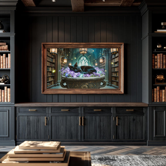 Sleeping Black Cat Library Art | Dark Academia Gothic Decor (4K Digital Download)