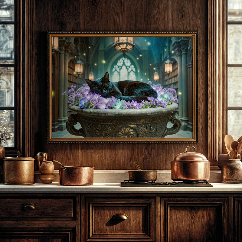 Sleeping Black Cat Library Art | Dark Academia Gothic Decor (4K Digital Download)