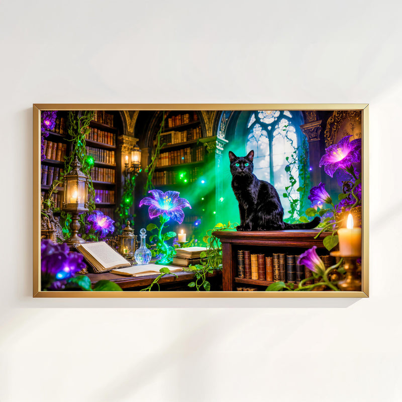 Black Cat Witch Library Art | Gothic Dark Academia Decor (Digital Download)