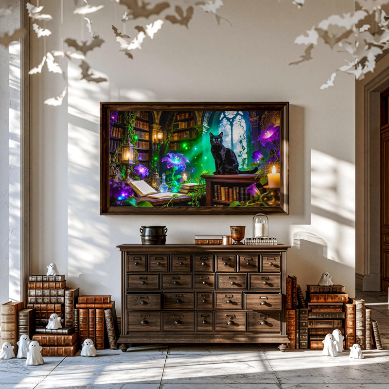 Black Cat Witch Library Art | Gothic Dark Academia Decor (Digital Download)