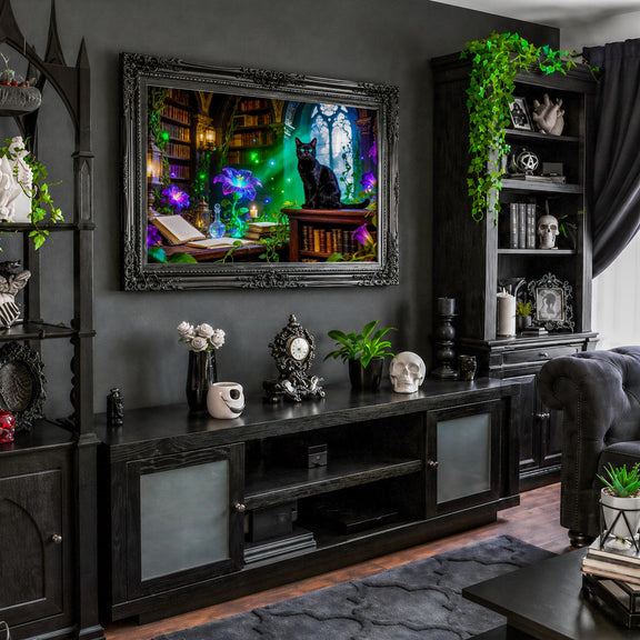 Black Cat Witch Library Art | Gothic Dark Academia Decor (Digital Download)