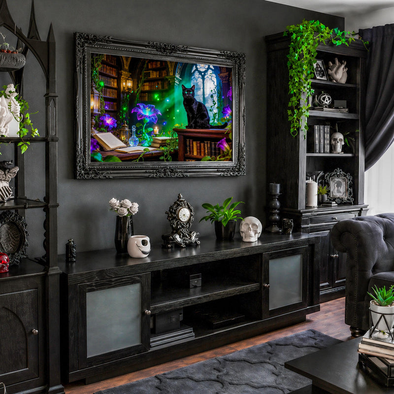 Black Cat Witch Library Art | Gothic Dark Academia Decor (Digital Download)