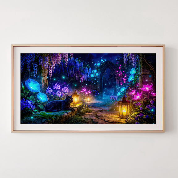 Black Cat Enchanted Garden Frame TV Art | Moonlit Fantasy Lantern Path (Digital Download)