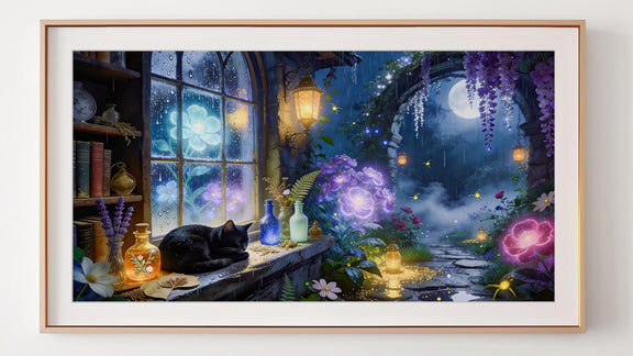 Black Cat Moonlit Garden Art | Fantasy Cottagecore Digital Download (16:9 Aspect Ratio)
