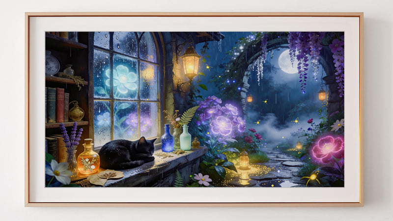 Black Cat Moonlit Garden Art | Fantasy Cottagecore Digital Download (16:9 Aspect Ratio)