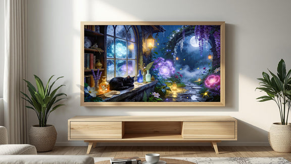 Black Cat Moonlit Garden Art | Fantasy Cottagecore Digital Download (16:9 Aspect Ratio)