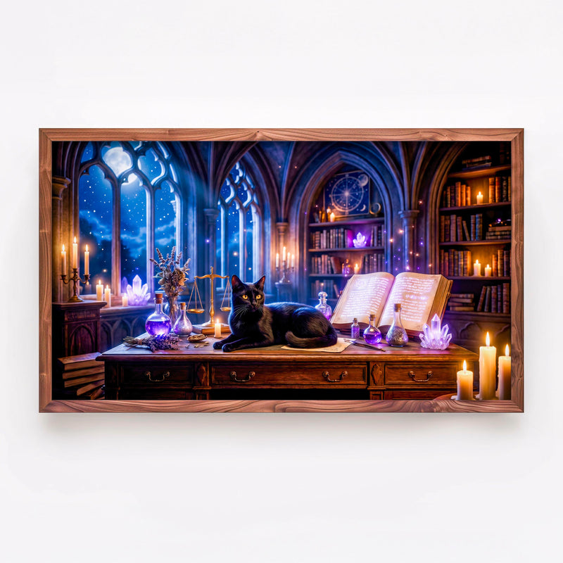 Black Cat Witch Library Frame TV Art | Gothic Fantasy Digital Download (16:9 Aspect Ratio)