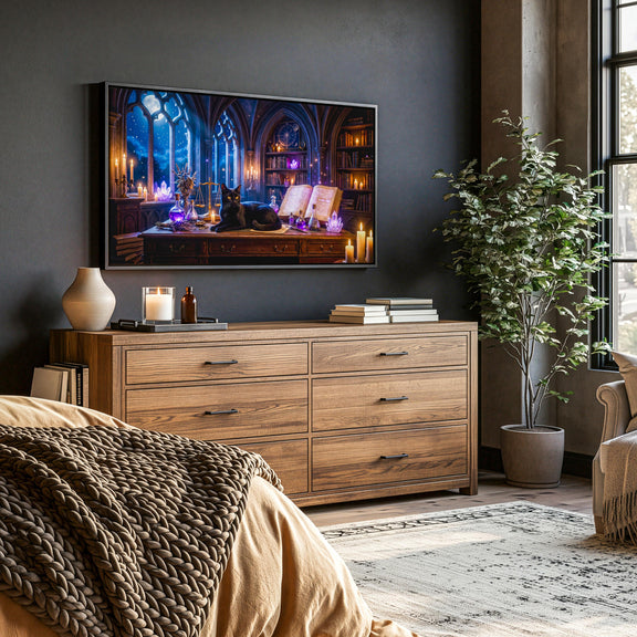 Black Cat Witch Library Frame TV Art | Gothic Fantasy Digital Download (16:9 Aspect Ratio)