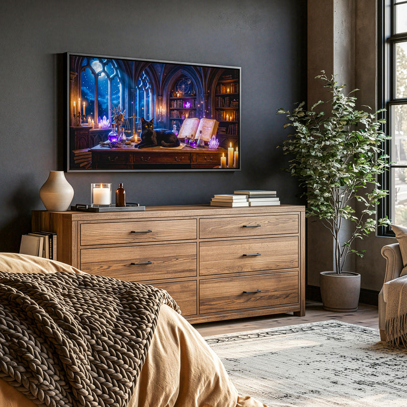 Black Cat Witch Library Frame TV Art | Gothic Fantasy Digital Download (16:9 Aspect Ratio)
