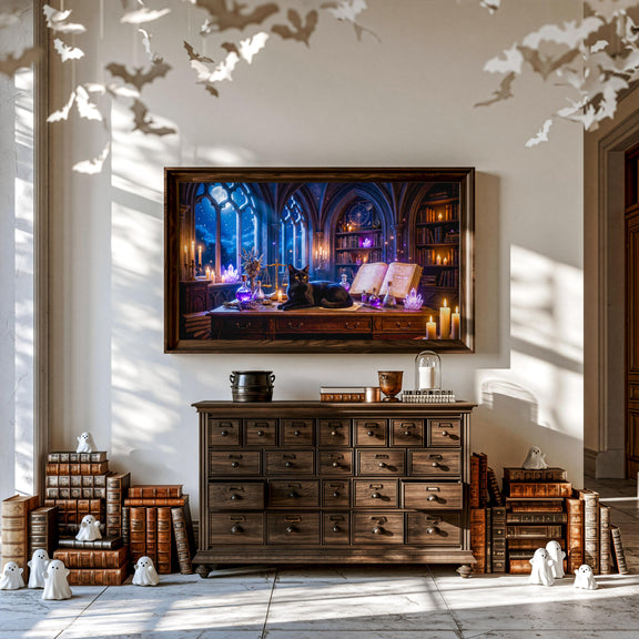 Black Cat Witch Library Frame TV Art | Gothic Fantasy Digital Download (16:9 Aspect Ratio)