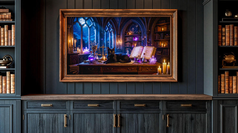 Black Cat Witch Library Frame TV Art | Gothic Fantasy Digital Download (16:9 Aspect Ratio)