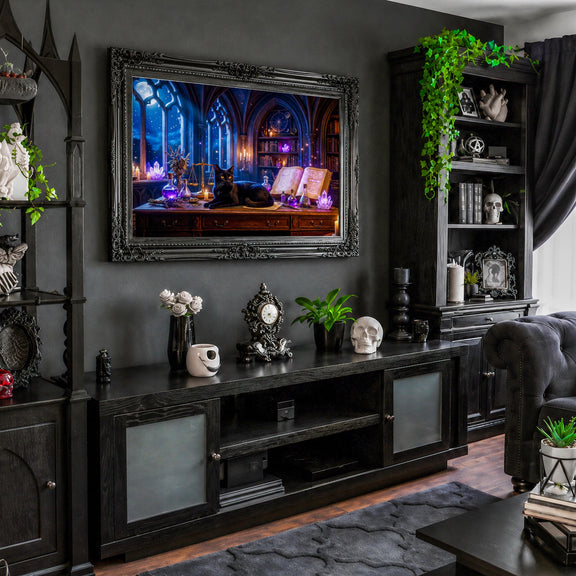 Black Cat Witch Library Frame TV Art | Gothic Fantasy Digital Download (16:9 Aspect Ratio)