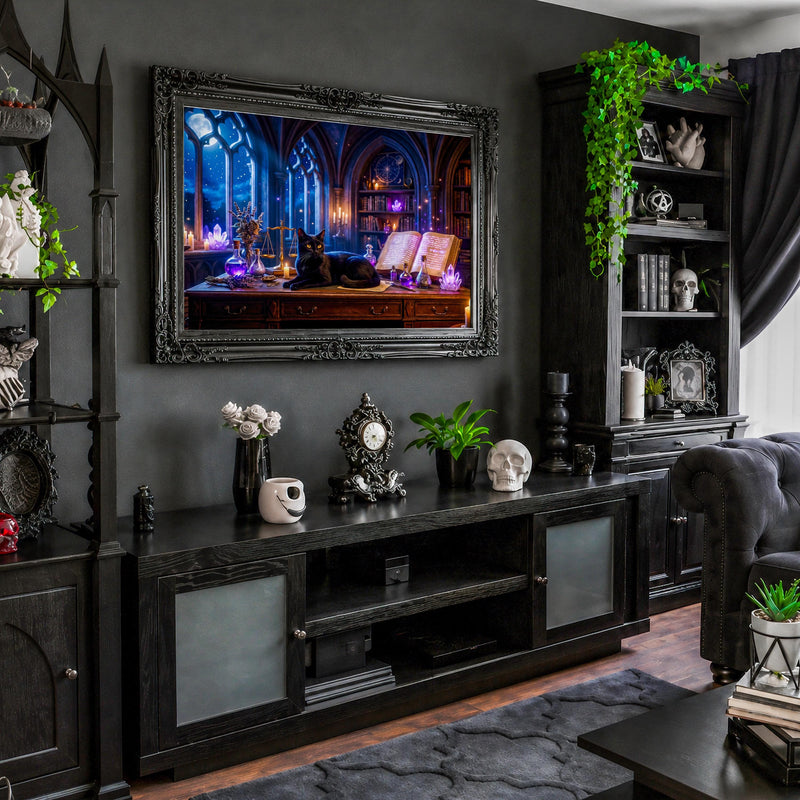 Black Cat Witch Library Frame TV Art | Gothic Fantasy Digital Download (16:9 Aspect Ratio)