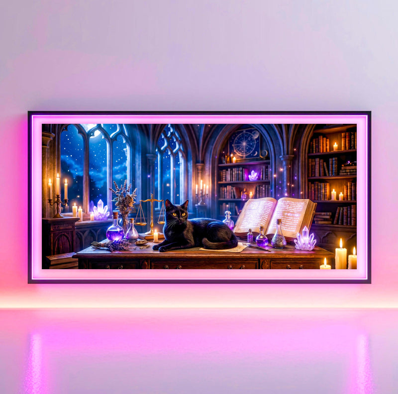 Black Cat Witch Library Frame TV Art | Gothic Fantasy Digital Download (16:9 Aspect Ratio)