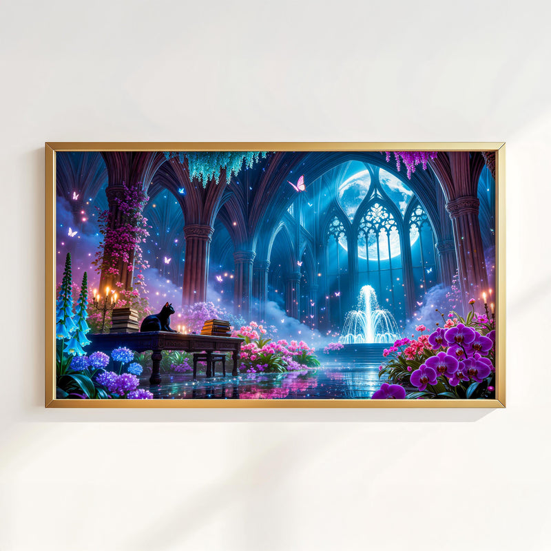 Black Cat Moonlit Sanctuary Frame TV Art | Gothic Fantasy Garden (Digital Download)