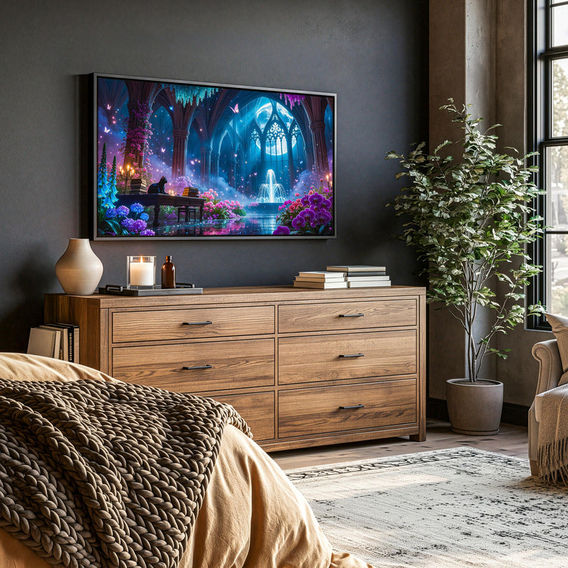 Black Cat Moonlit Sanctuary Frame TV Art | Gothic Fantasy Garden (Digital Download)