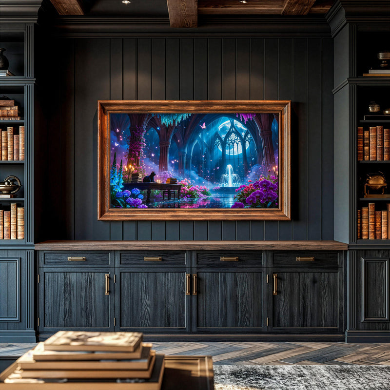 Black Cat Moonlit Sanctuary Frame TV Art | Gothic Fantasy Garden (Digital Download)