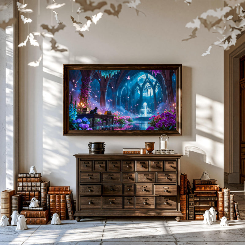 Black Cat Moonlit Sanctuary Frame TV Art | Gothic Fantasy Garden (Digital Download)