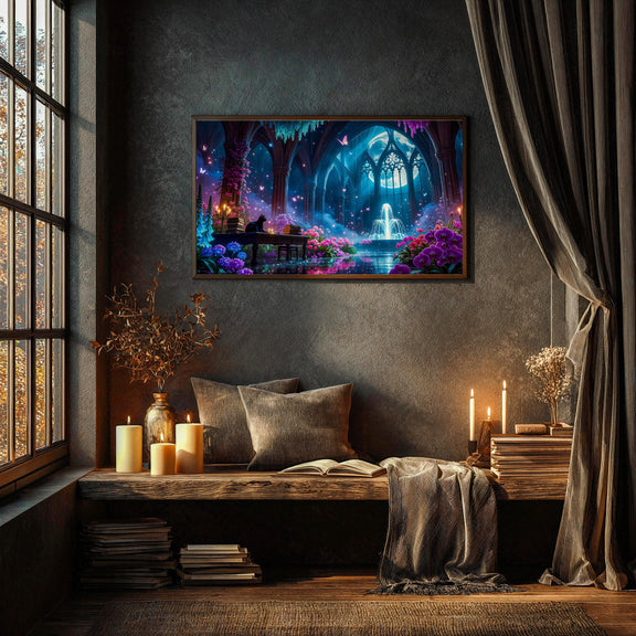 Black Cat Moonlit Sanctuary Frame TV Art | Gothic Fantasy Garden (Digital Download)