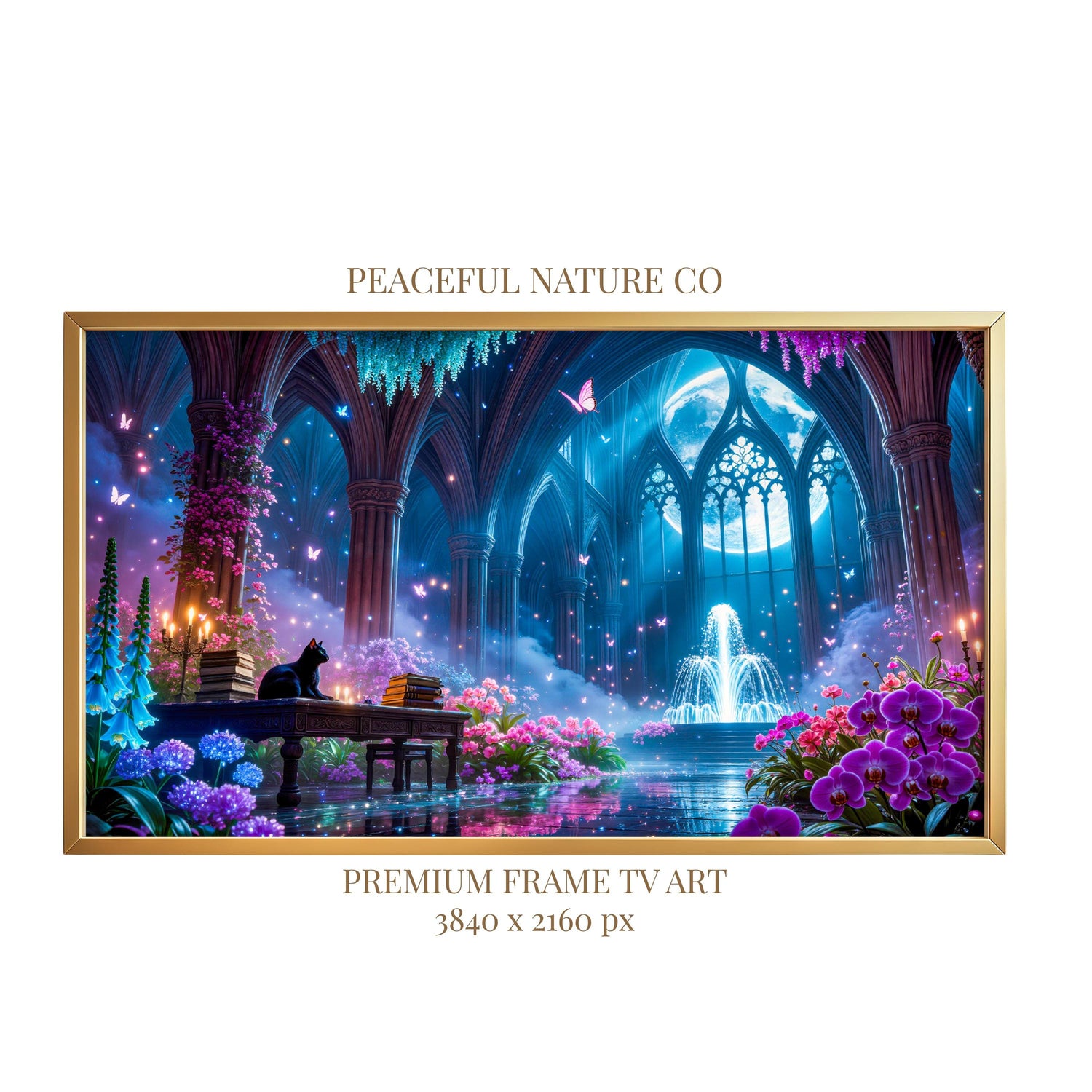 Black Cat Moonlit Sanctuary Frame TV Art | Gothic Fantasy Garden (Digital Download)