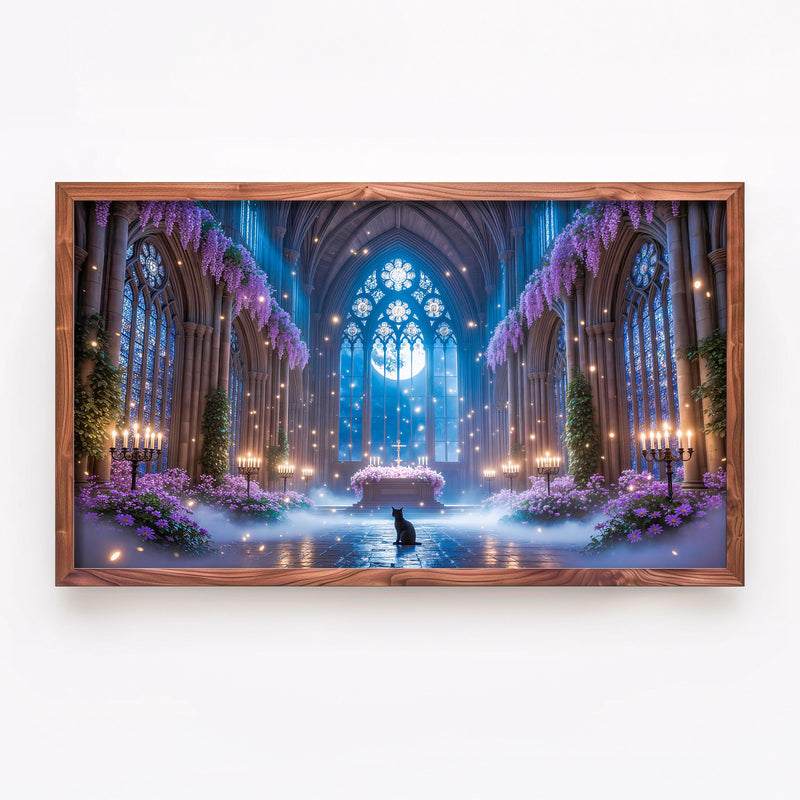 Gothic Cathedral Black Cat Art | Moonlit Sanctuary Frame TV (Digital Download)