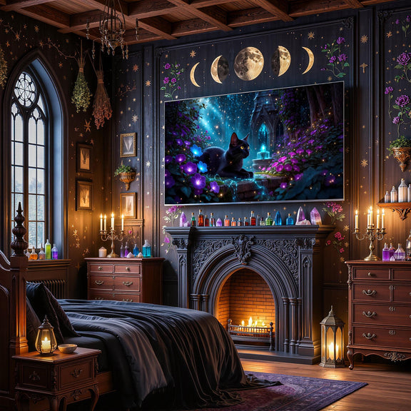 Black Cat Enchanted Garden Art | Moonlit Fantasy TV Decor (Digital Download)