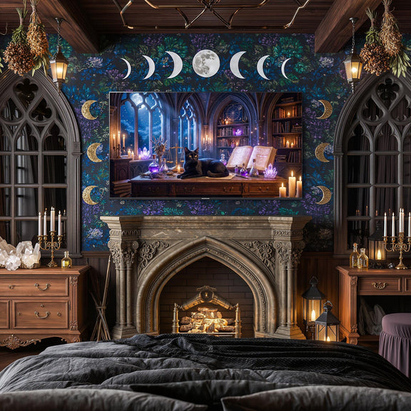 Black Cat Witch Library Frame TV Art | Gothic Fantasy Digital Download (16:9 Aspect Ratio)