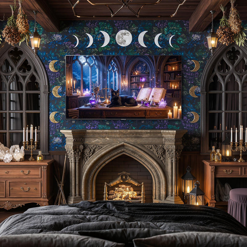 Black Cat Witch Library Frame TV Art | Gothic Fantasy Digital Download (16:9 Aspect Ratio)
