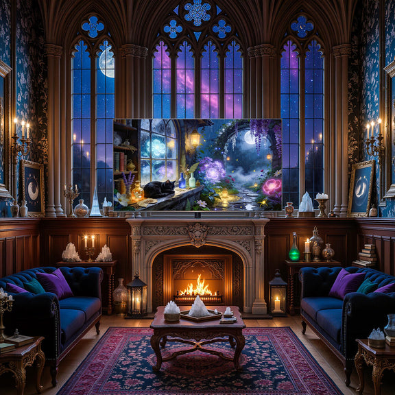 Black Cat Moonlit Garden Art | Fantasy Cottagecore Digital Download (16:9 Aspect Ratio)