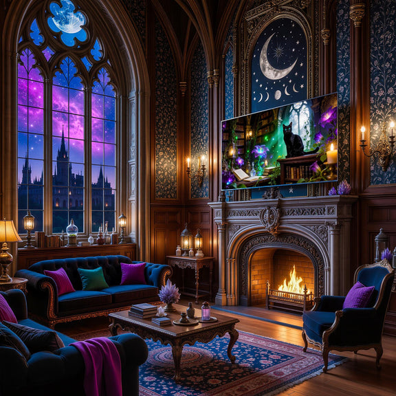Black Cat Witch Library Art | Gothic Dark Academia Decor (Digital Download)
