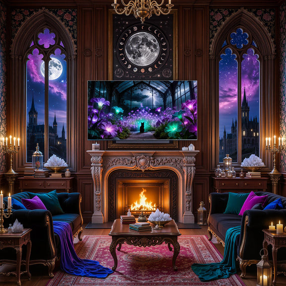 Black Cat Greenhouse Art | Moonlit Garden, Witchcore Decor (Digital Download)