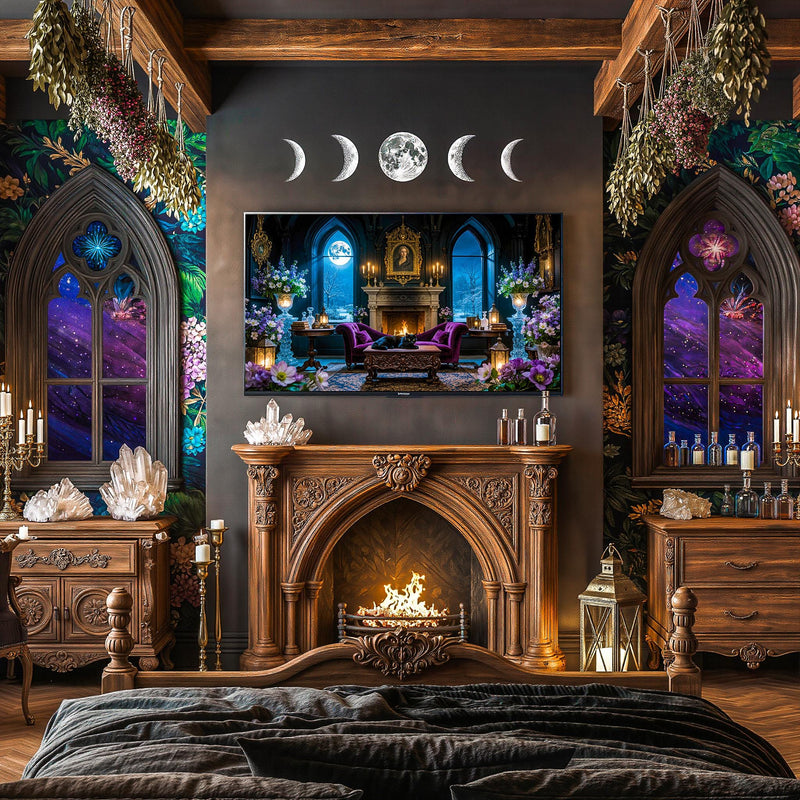 Gothic Parlor Black Cat Art | Moonlit Victorian Living Room, Dark Academia (Digital Download)