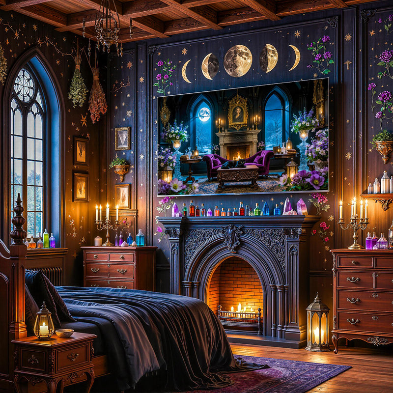 Gothic Parlor Black Cat Art | Moonlit Victorian Living Room, Dark Academia (Digital Download)