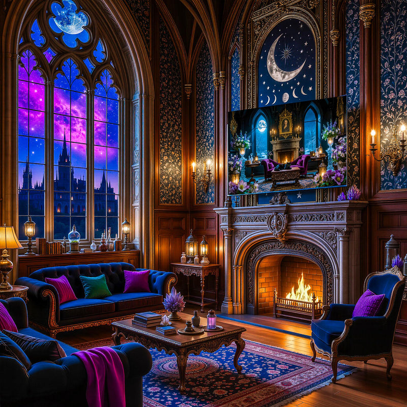 Gothic Parlor Black Cat Art | Moonlit Victorian Living Room, Dark Academia (Digital Download)