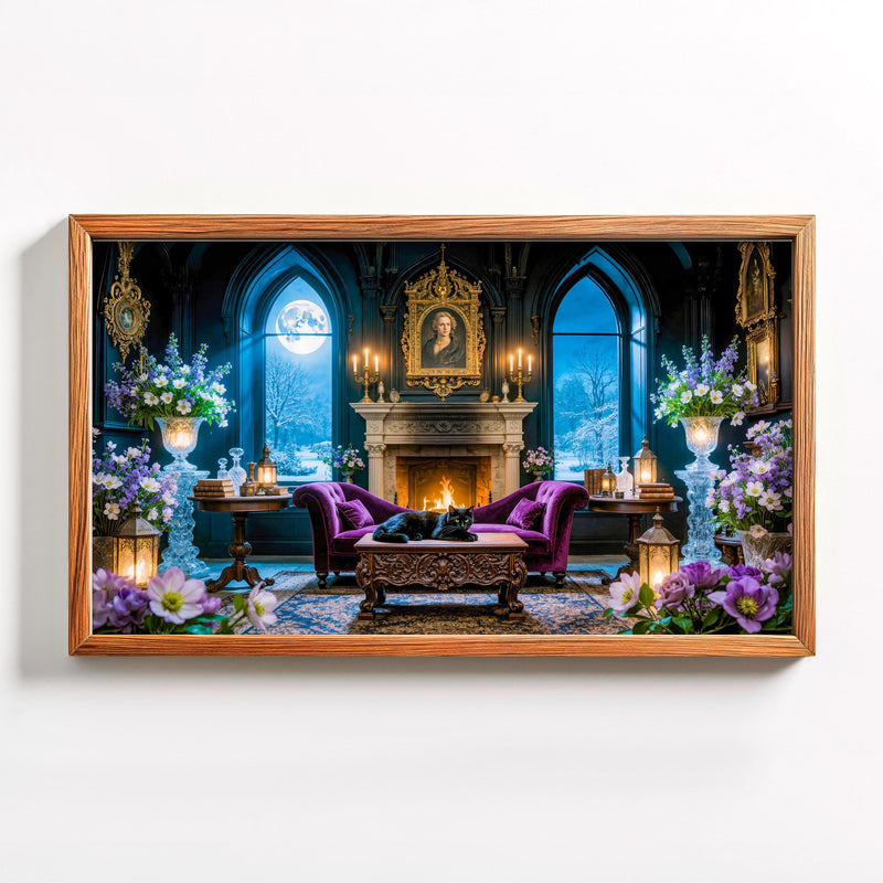 Gothic Parlor Black Cat Art | Moonlit Victorian Living Room, Dark Academia (Digital Download)