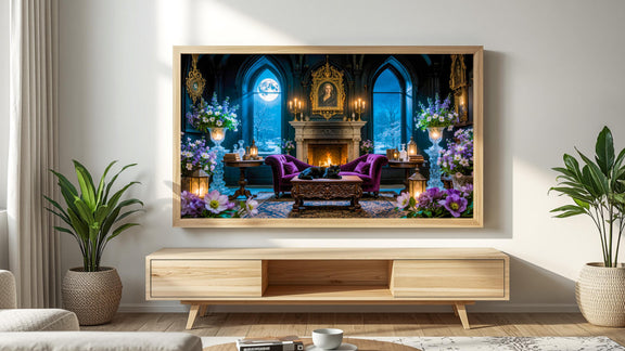 Gothic Parlor Black Cat Art | Moonlit Victorian Living Room, Dark Academia (Digital Download)