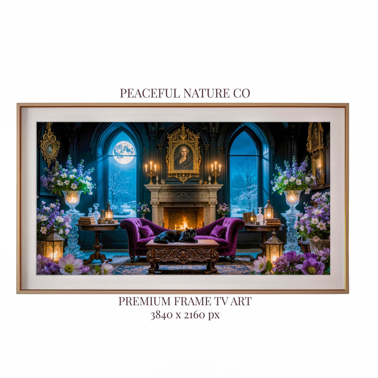 Gothic Parlor Black Cat Art | Moonlit Victorian Living Room, Dark Academia (Digital Download)
