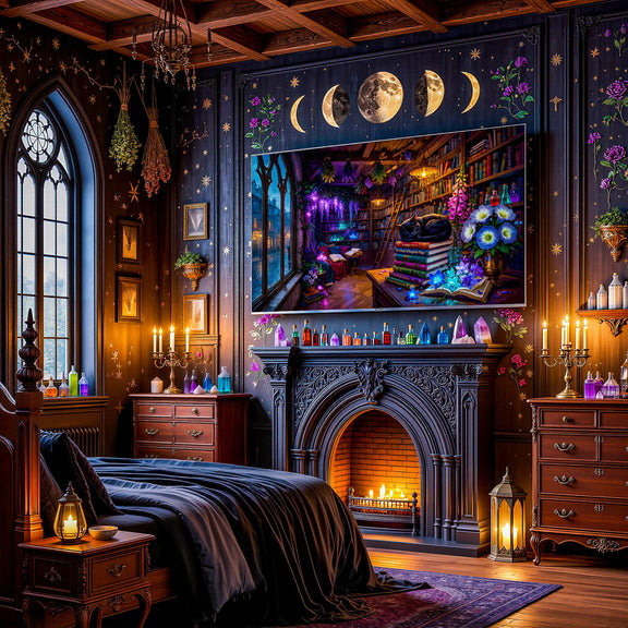 Black Cat Gothic Library Art, Enchanted Witchy Bookshop, Dark Academia Frame TV (Digital Download)