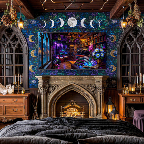 Black Cat Gothic Library Art, Enchanted Witchy Bookshop, Dark Academia Frame TV (Digital Download)