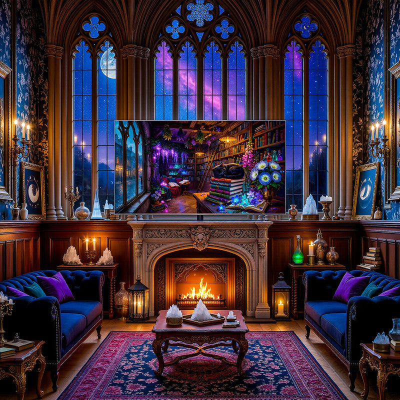 Black Cat Gothic Library Art, Enchanted Witchy Bookshop, Dark Academia Frame TV (Digital Download)