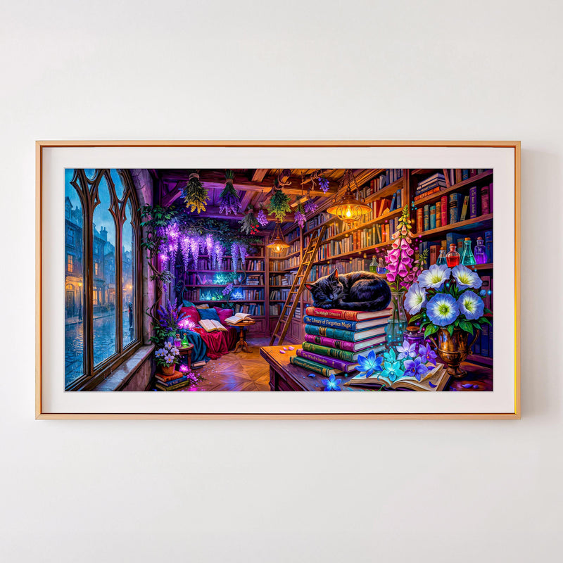 Black Cat Gothic Library Art, Enchanted Witchy Bookshop, Dark Academia Frame TV (Digital Download)