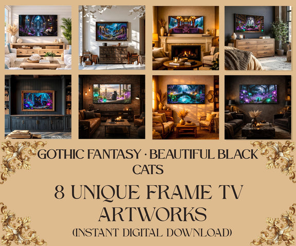 Gothic Black Cat Frame TV Art 8-Set Bundle | Fantasy, Dark Academia (Digital Download)